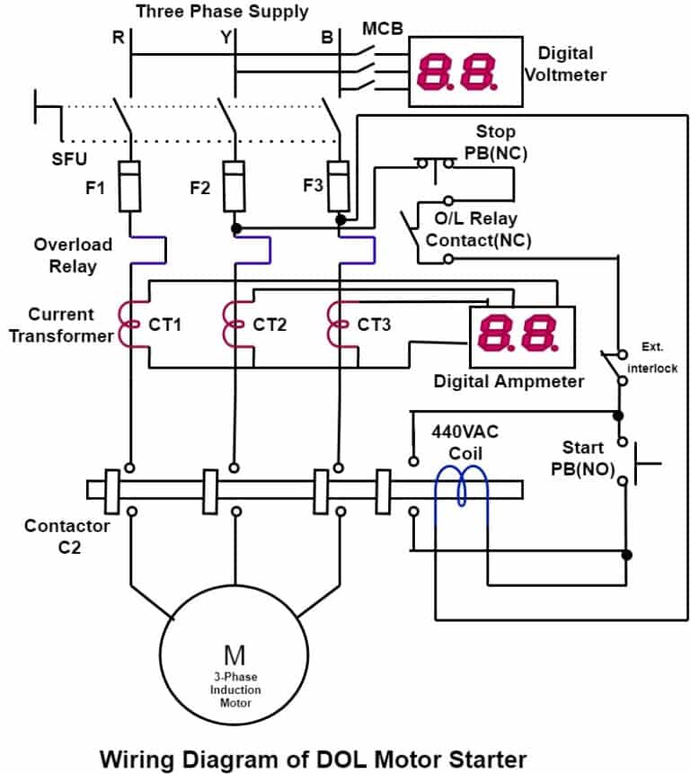 Direct Online Starter (DOL Motor Starter) : Circuit Diagram and Working