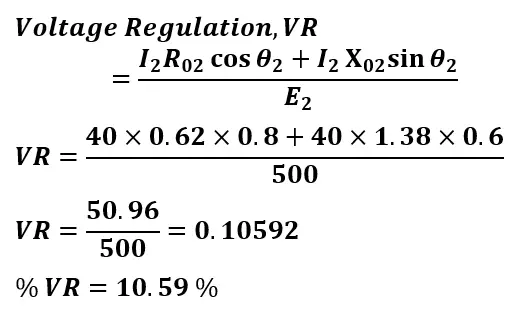 solved example- Transformer Voltage regulation at 0.8 pf lagging