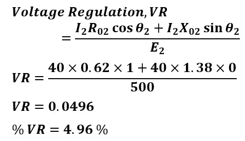 solved example- Transformer Voltage regulation at unity power factor