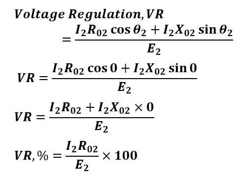 formula for Voltage Regulation of Transformer for Unity Power Factor