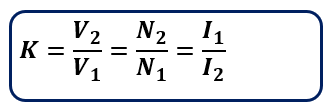 formula for the voltage ratio of the transformer(K) in terms of transformer current 